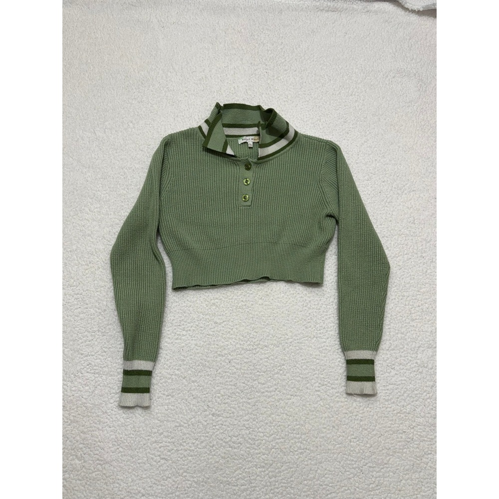 Hazel Moon Green Ribbed Cropped Polo‎ Sweater Size L Long Sleeve Striped Trim